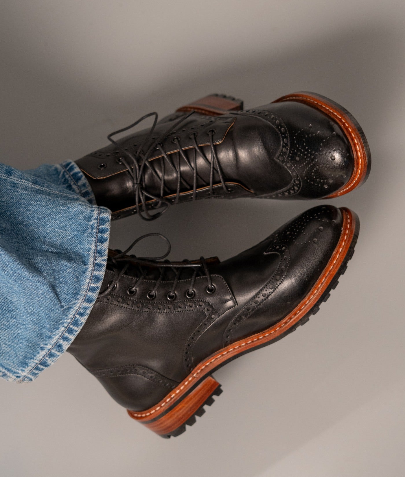 Hand-Welted Black Wingtip Derby Brogue Boot