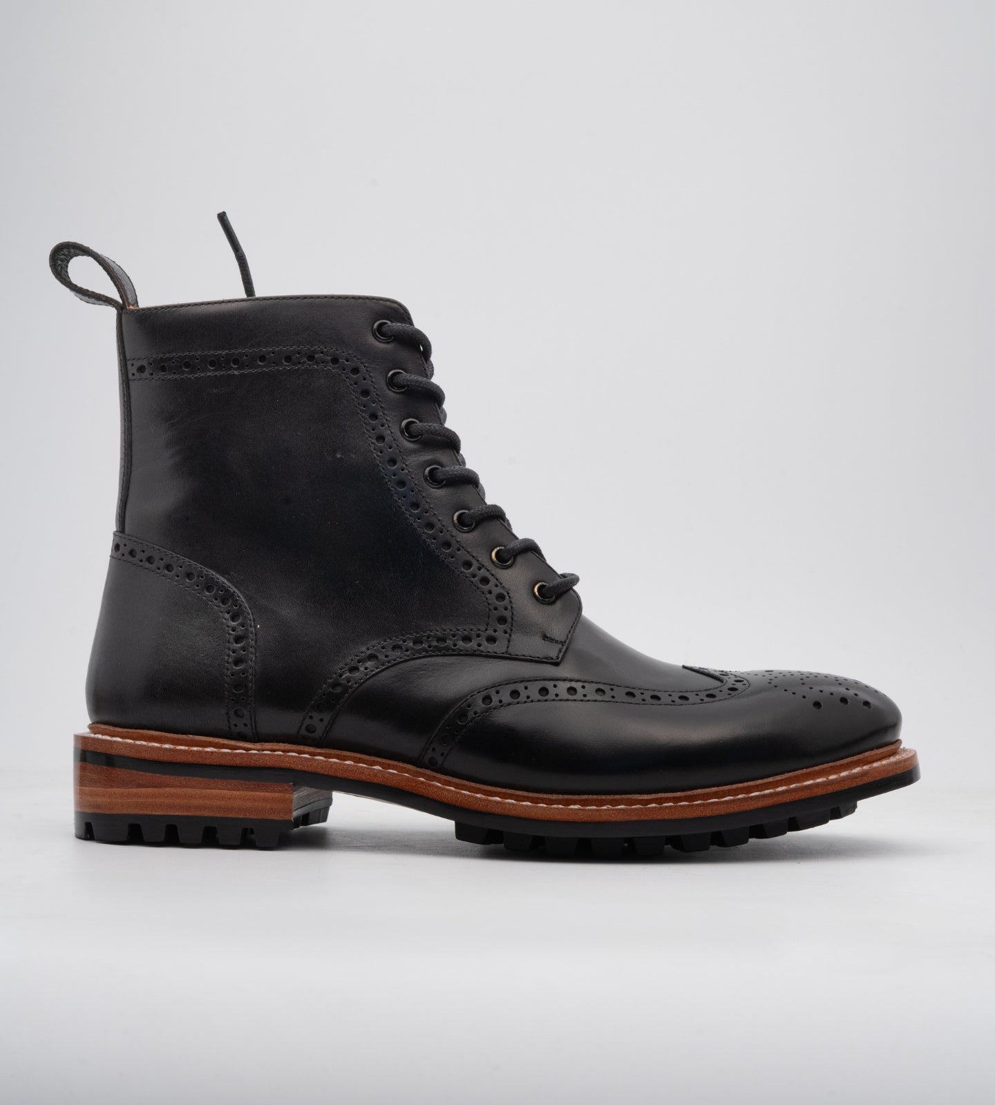 Hand-Welted Black Wingtip Derby Brogue Boot