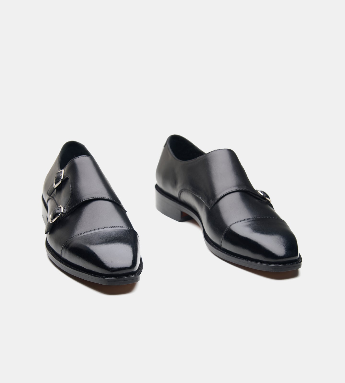 Hand-Welted Chisel Cap Toe Black Double Strap Monk
