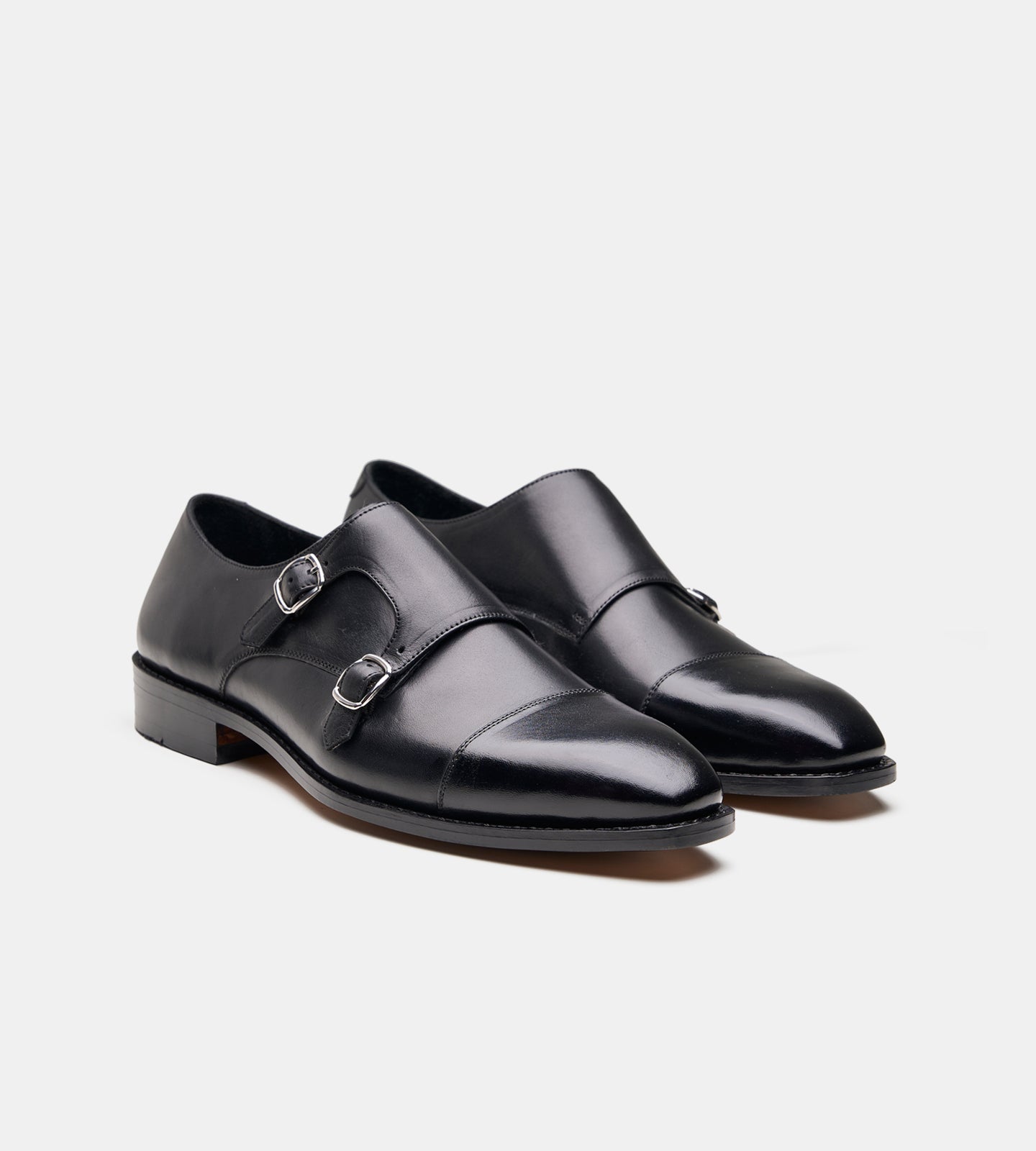 Hand-Welted Chisel Cap Toe Black Double Strap Monk