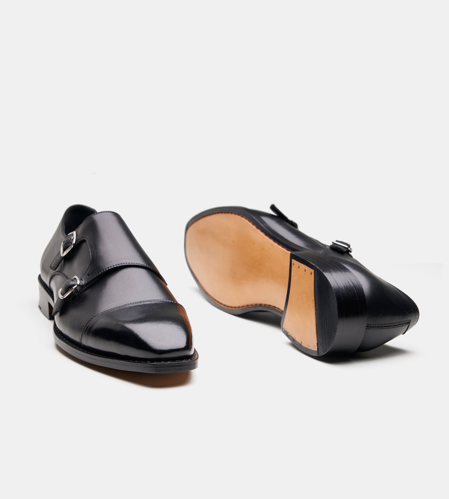 Hand-Welted Chisel Cap Toe Black Double Strap Monk