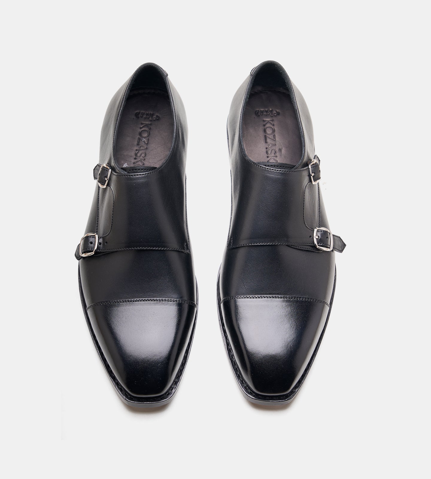 Hand-Welted Chisel Cap Toe Black Double Strap Monk