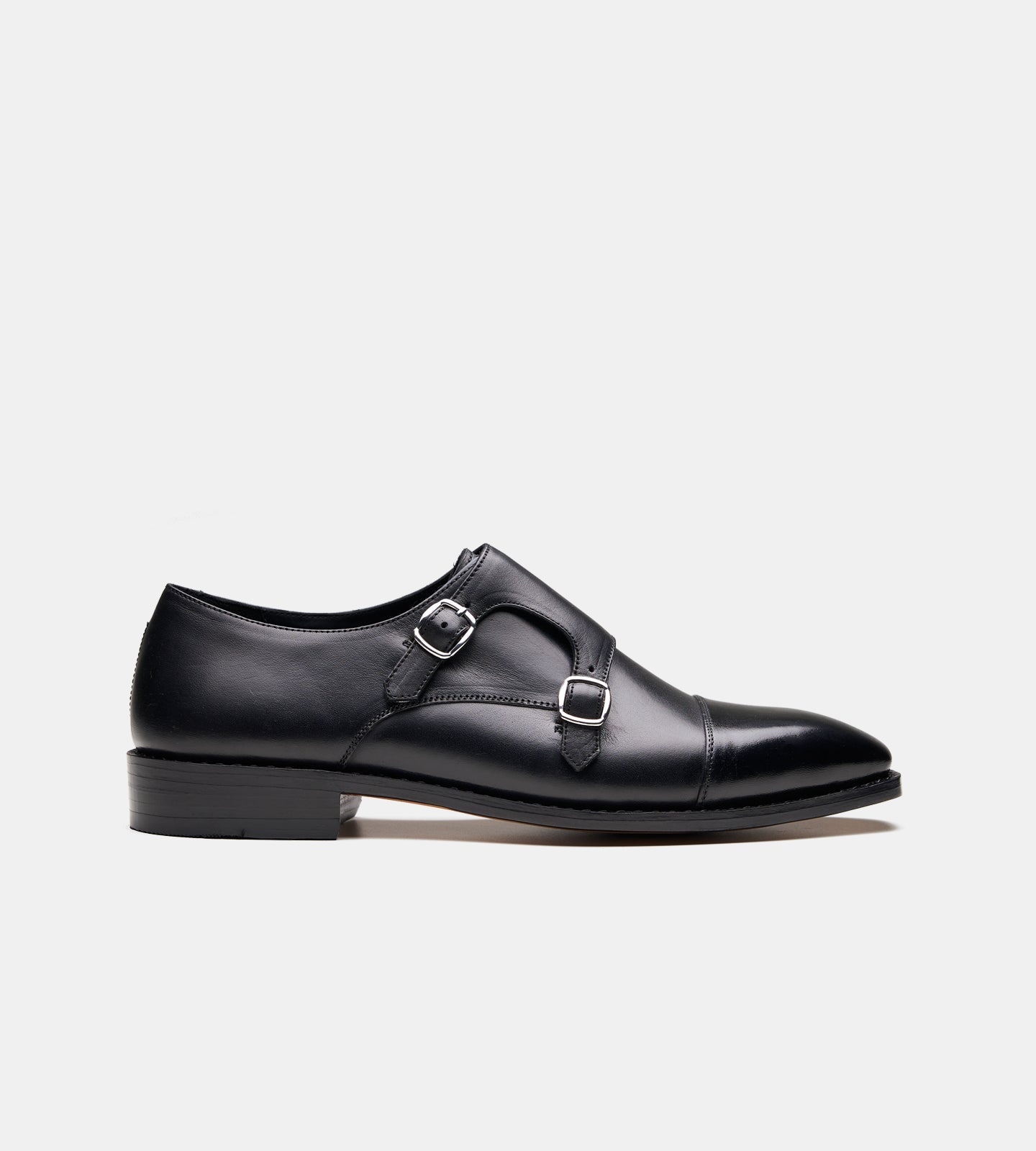 Hand-Welted Chisel Cap Toe Black Double Strap Monk
