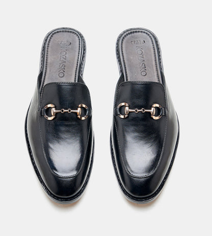 Hand-Welted Black Full Grain Horse Bit Mules