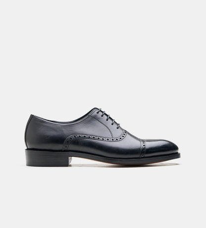 Hand-Welted Semi Brogue Black Captoe Oxfords