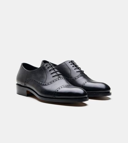 Hand-Welted Semi Brogue Black Captoe Oxfords