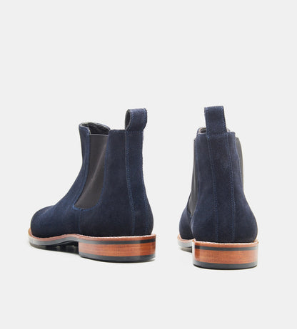 Hand-Welted Navy Suede Chisel Toe Chelsea Boot