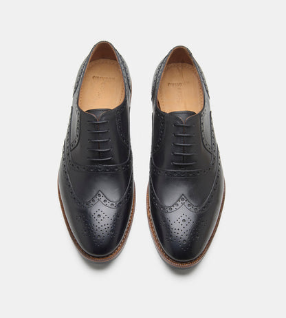 Hand-Welted Black Leather Wingtip Oxfords