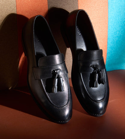 Hand Welted Black Full Grain Leather Tassel Loafer