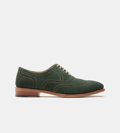Hand-Welted Olive Suede Wingtip Oxfords