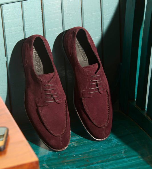 Hand-Welted Burgundy Suede Split Toe Derby