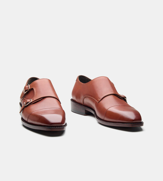 Hand-Welted Cognac Double Strap Monk Shoe
