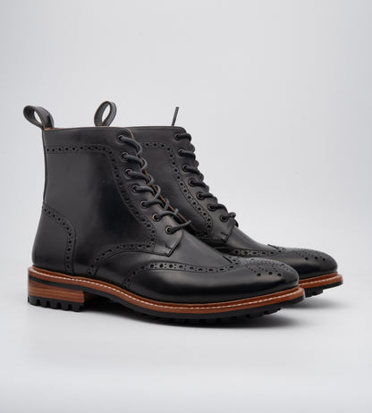 Hand-Welted Black Wingtip Derby Brogue Boot