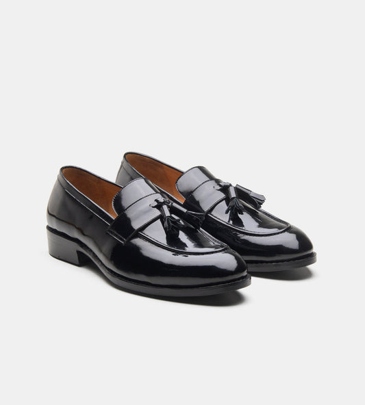 Hand-Welted Black Patent Tassel Loafers