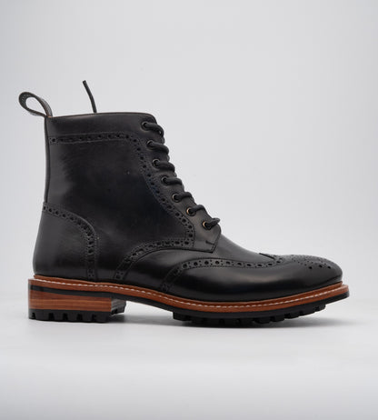Hand-Welted Black Wingtip Derby Brogue Boot