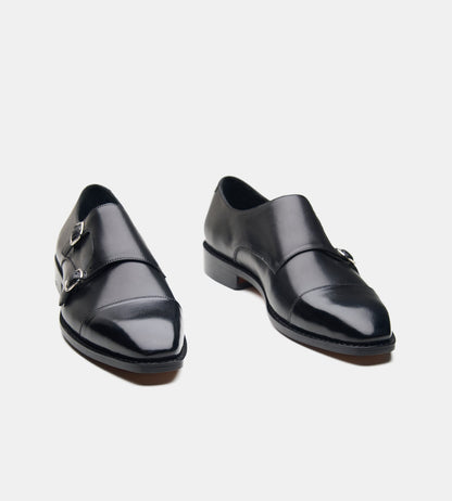 Hand-Welted Chisel Cap Toe Black Double Strap Monk