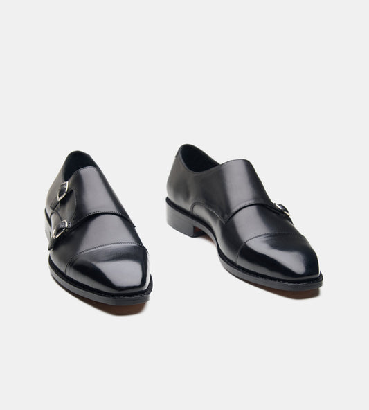 Hand-Welted Chisel Cap Toe Black Double Strap Monk