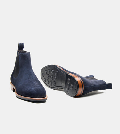 Hand-Welted Navy Suede Chisel Toe Chelsea Boot