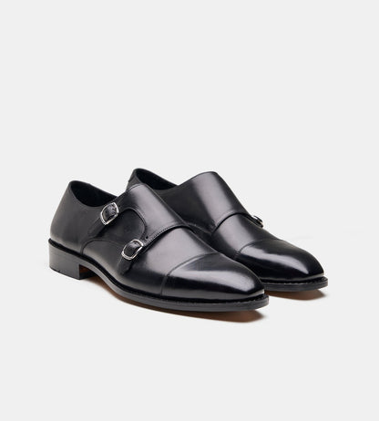 Hand-Welted Chisel Cap Toe Black Double Strap Monk
