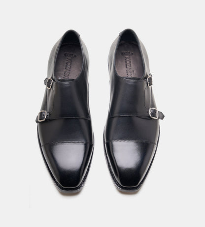 Hand-Welted Chisel Cap Toe Black Double Strap Monk