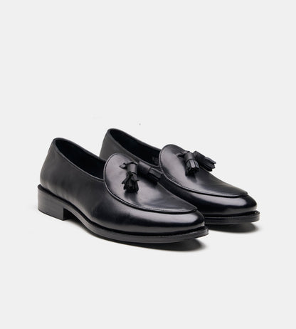 Hand-Welted Black Belgian Tassel Loafer